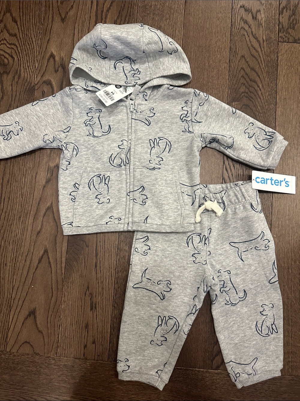 Carter's Gray Hoodie and Jogger Fleece Set with Navy Puppy Outlines